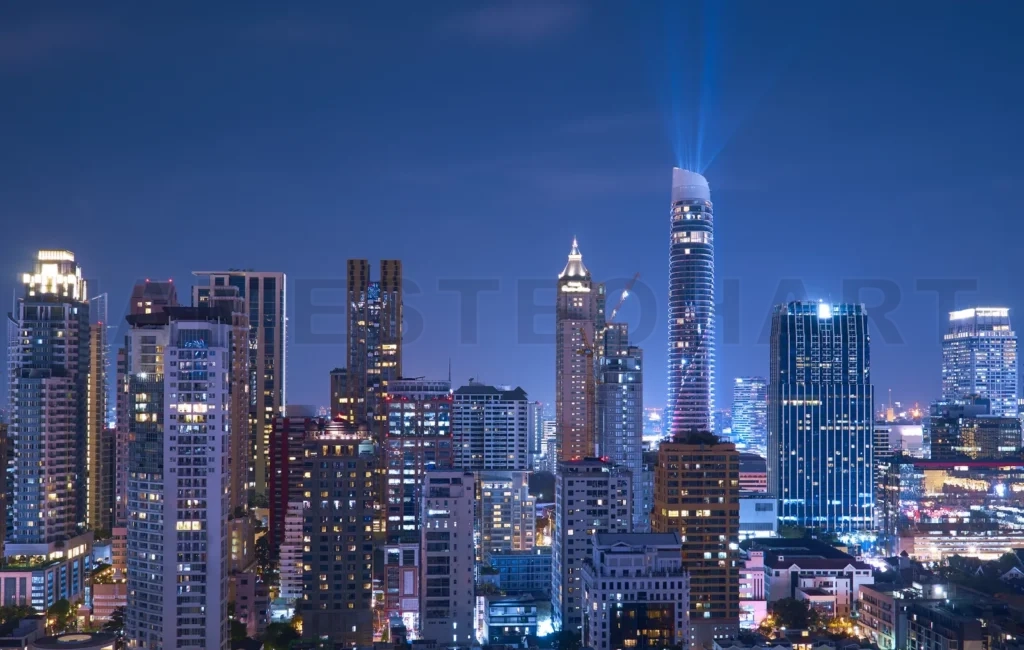 
Bangkok skyline at night with urban skyscrapers