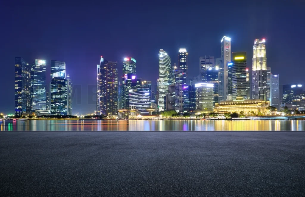 
Empty floor with night cityscape