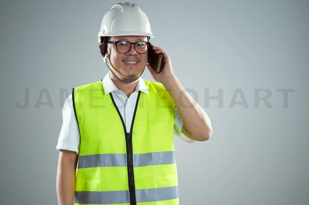 
Portrait Of Confident Asian Young Engineer Wearing Protective Hard Hat And Using Smartphone