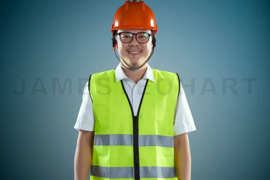 
Young Asian Construction Workers In Safety Helmet On A Blue Background