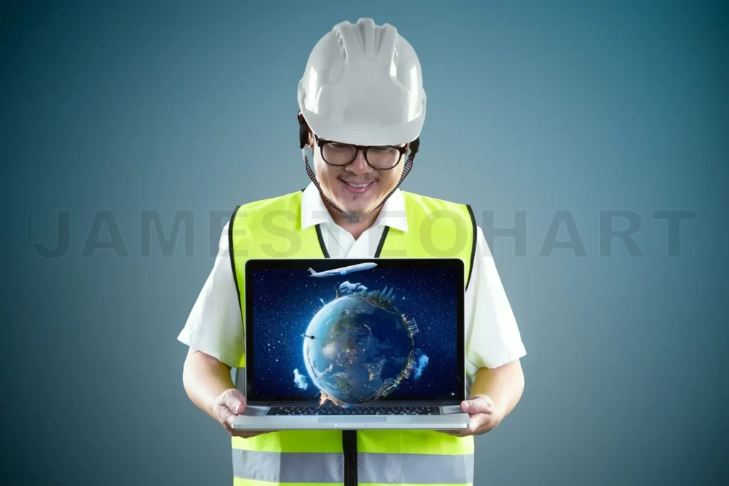 
Young Engineer In Safety Helmet And Using Laptop With Virtual Reality Earth To Show Client Something