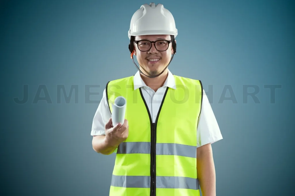 
Portrait Of Confident Asian Young Engineer Wearing Protective Hard Hat And Holding Paper Blueprint
