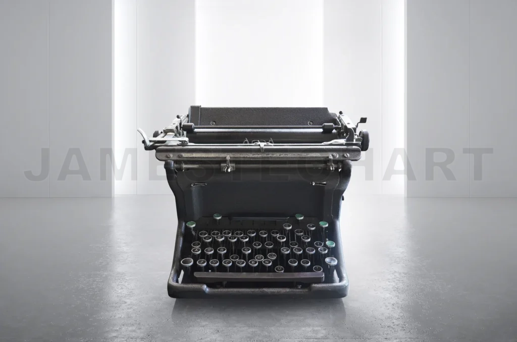 
Typewriter standing on concrete floor in minimalist room