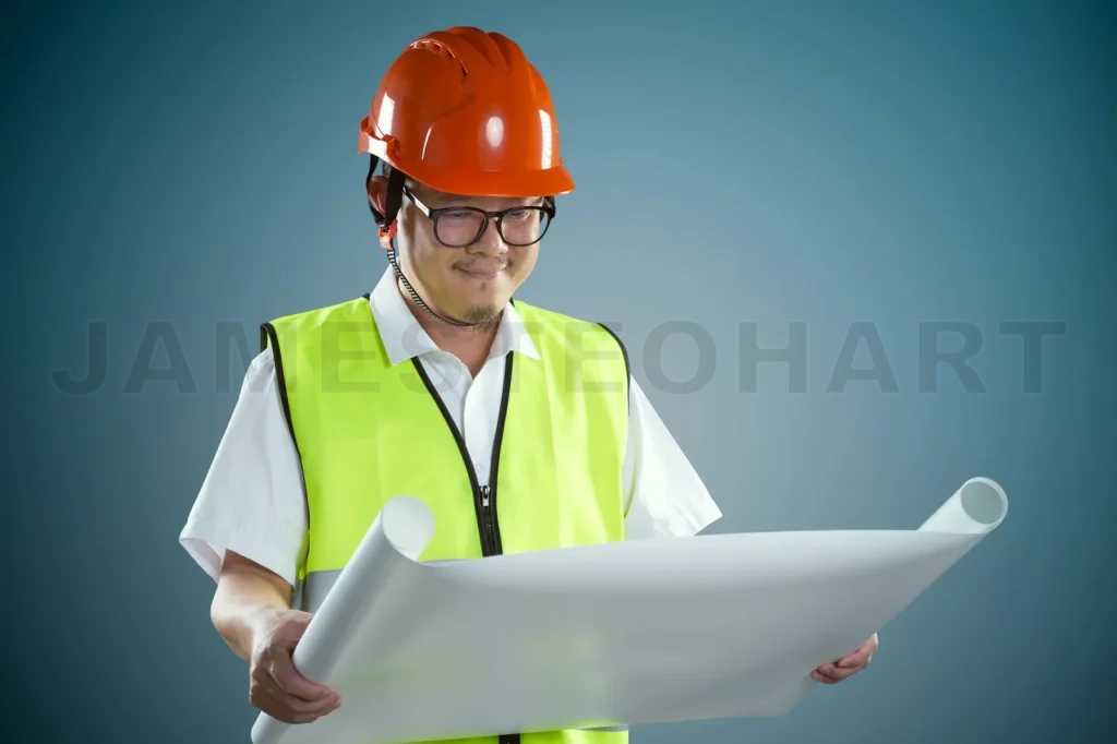 
Portrait Of Professional Construction Contractor Worker With Hard Hat And Holding Construction Blue Print Plan With Light Blue Background