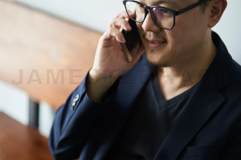 
Businessman Sit On Wooden Chair Using Smartphone