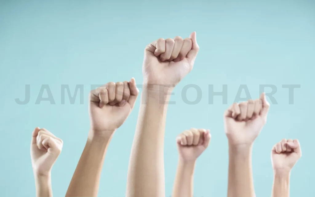 
Raised fists symbolizing power, protest, unity, and strength