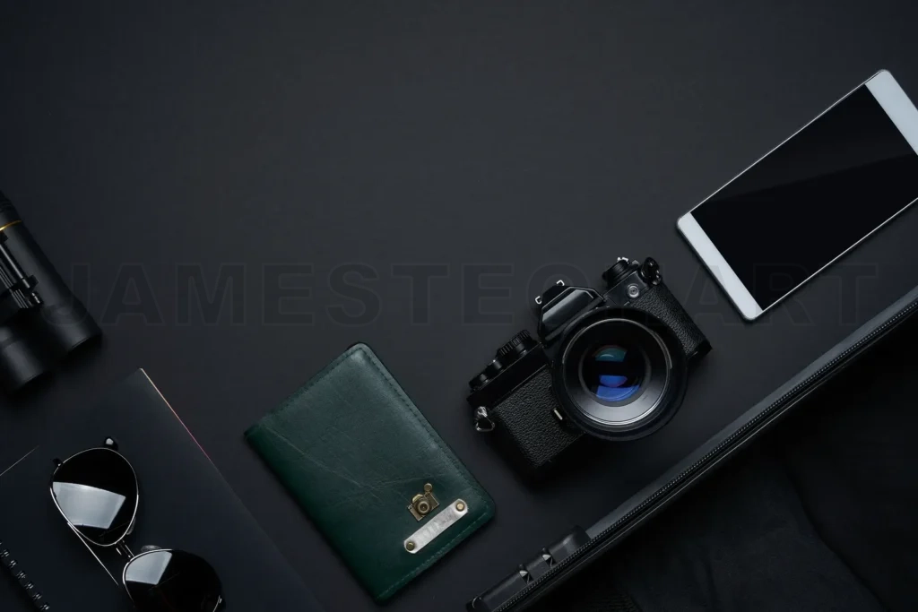 
Travel essentials arranged for a photography adventure