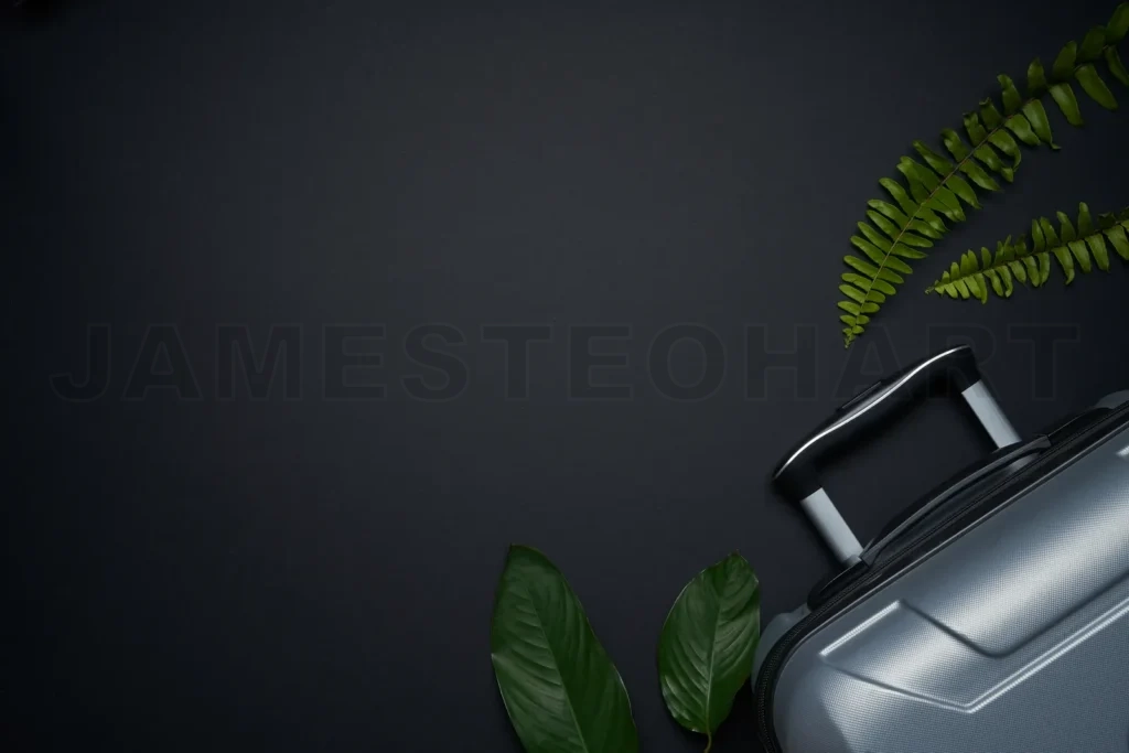 
Travel suitcase with tropical leaves on dark background