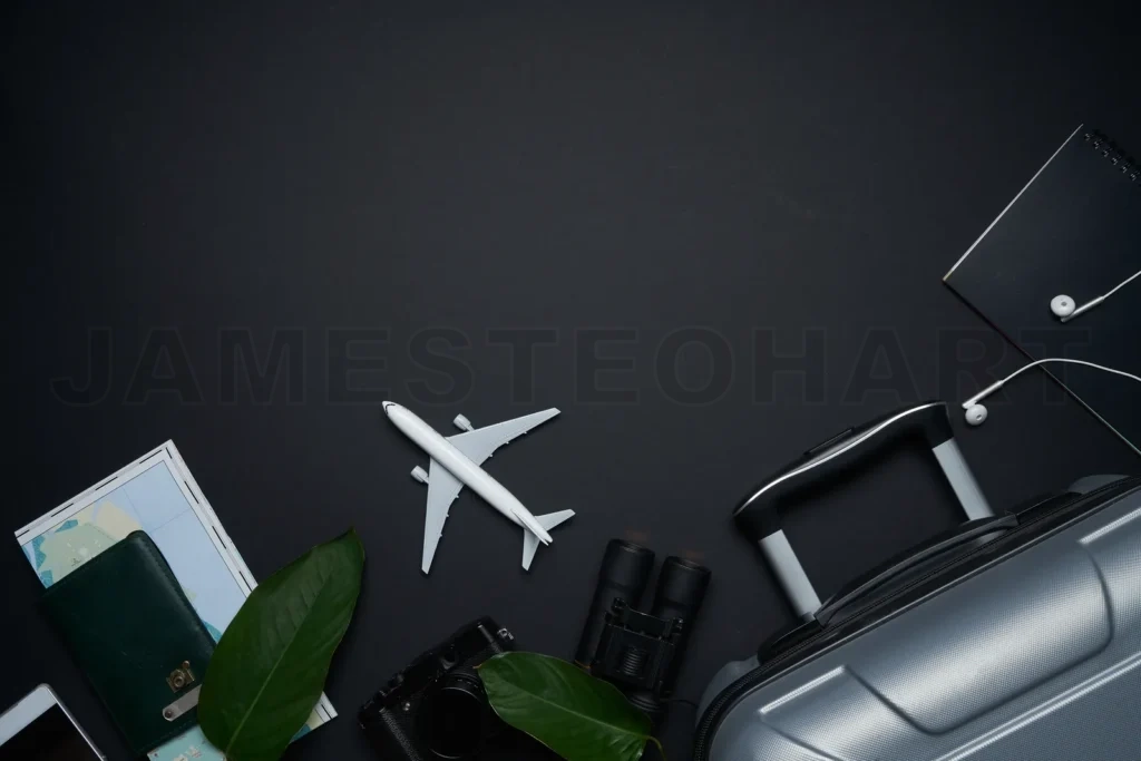 
Travel planning flat lay with airplane model and luggage