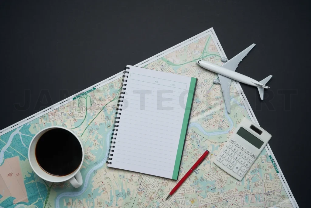 
Travel planning concept with map, notebook and airplane