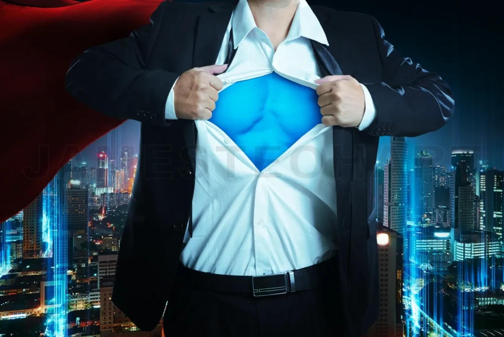 
Closeup Of A Hero Businessman Showing The Superhero Suit Under His Shirt