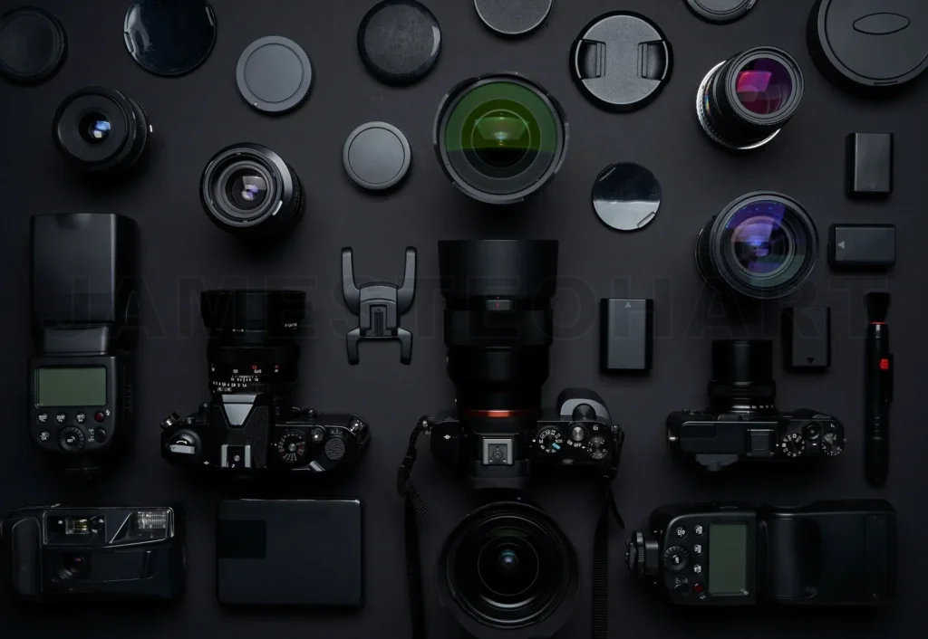 
Photography equipment and gear creating a flat lay composition