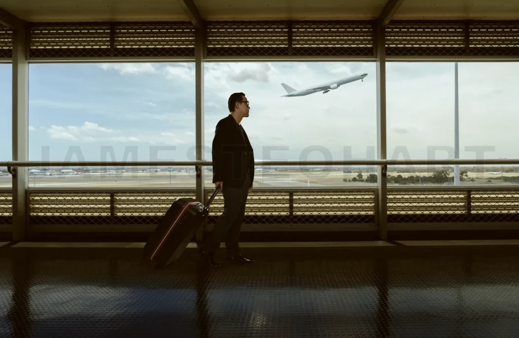 
Traveling
Man And Luggage Walking In Airport Terminal And Air Plane Flying Outside