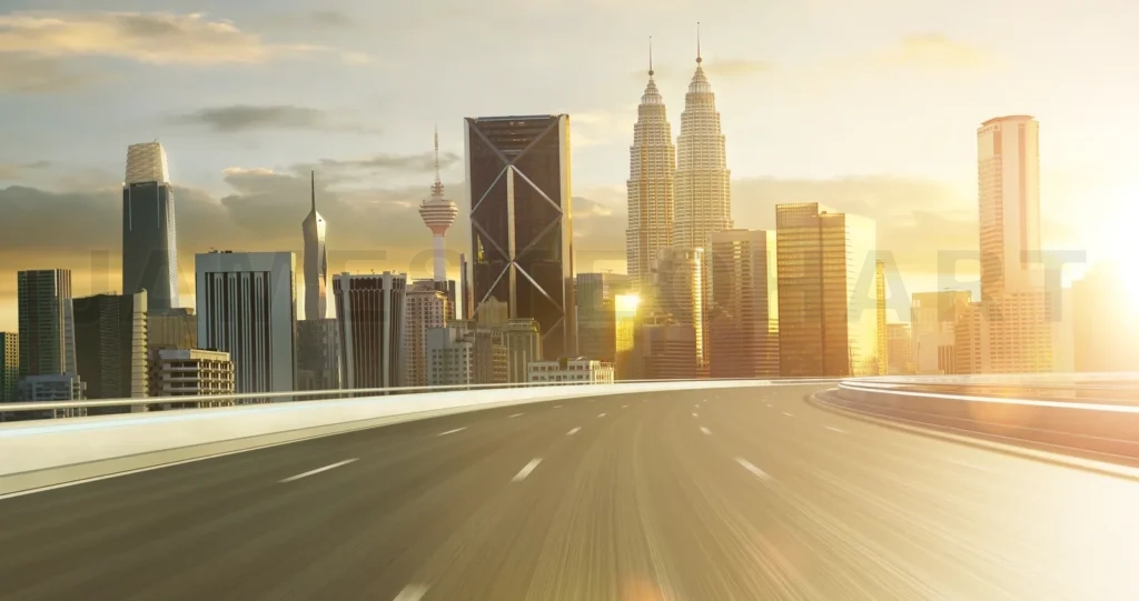 
Sunset cityscape with urban highway