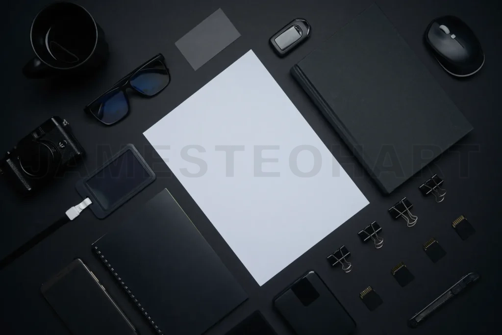 
Black office desk flat lay with blank paper