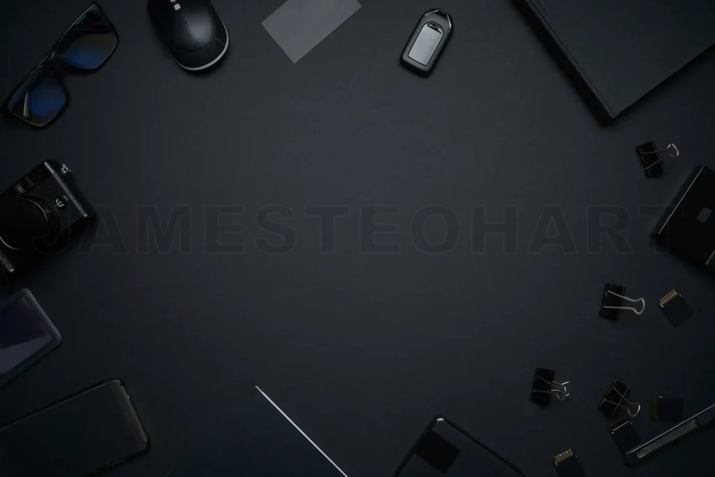 
Modern minimalist black workspace flat lay with tech and stationery items