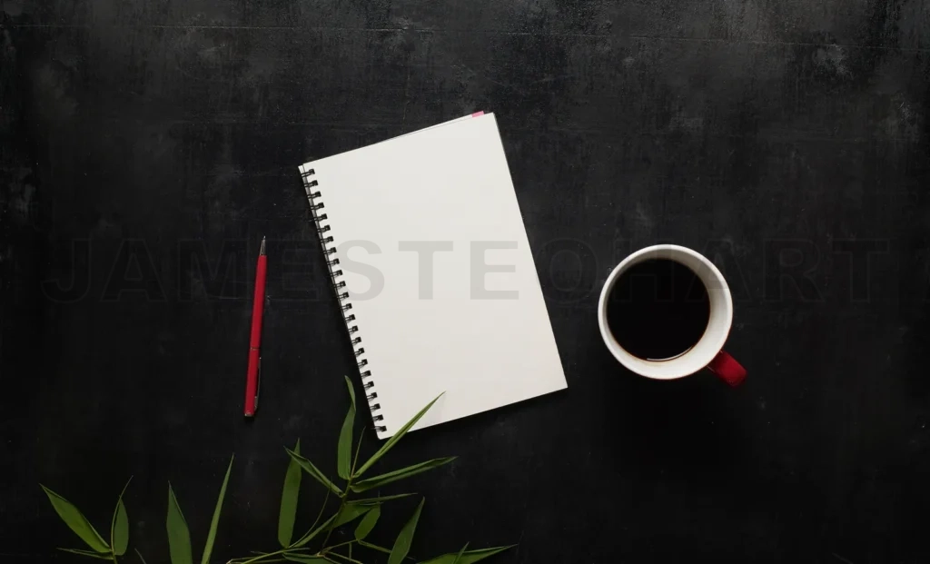 
Wooden Black Office Desk Table With Notebook, Pen And  Cup Of Coffee