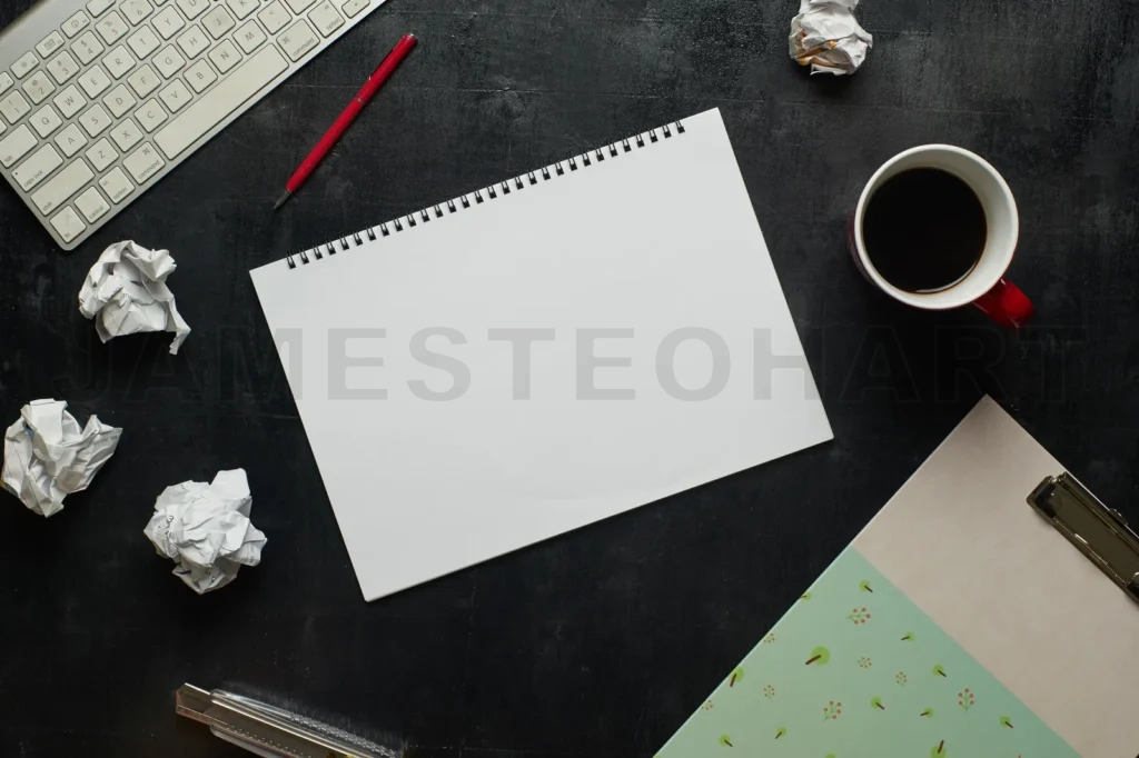 
Wooden Black Office Desk Table With Notebook, Keyboard And  Cup Of Coffee