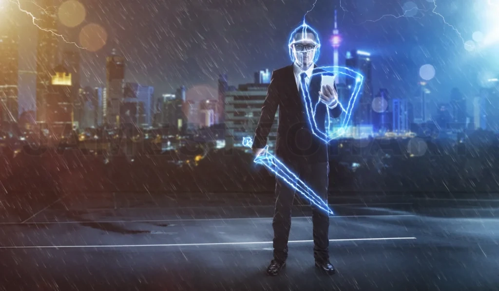 
Businessman Turned Into Thunder Warrior,Holding A Lightning Sword And Shield ,Preparation, Protection, Precaution And Security In Business Concept