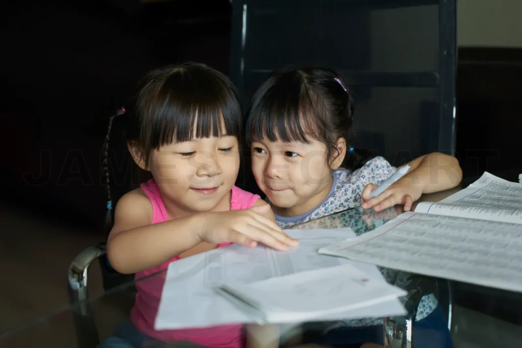 
Young asian sisters studying together doing homework