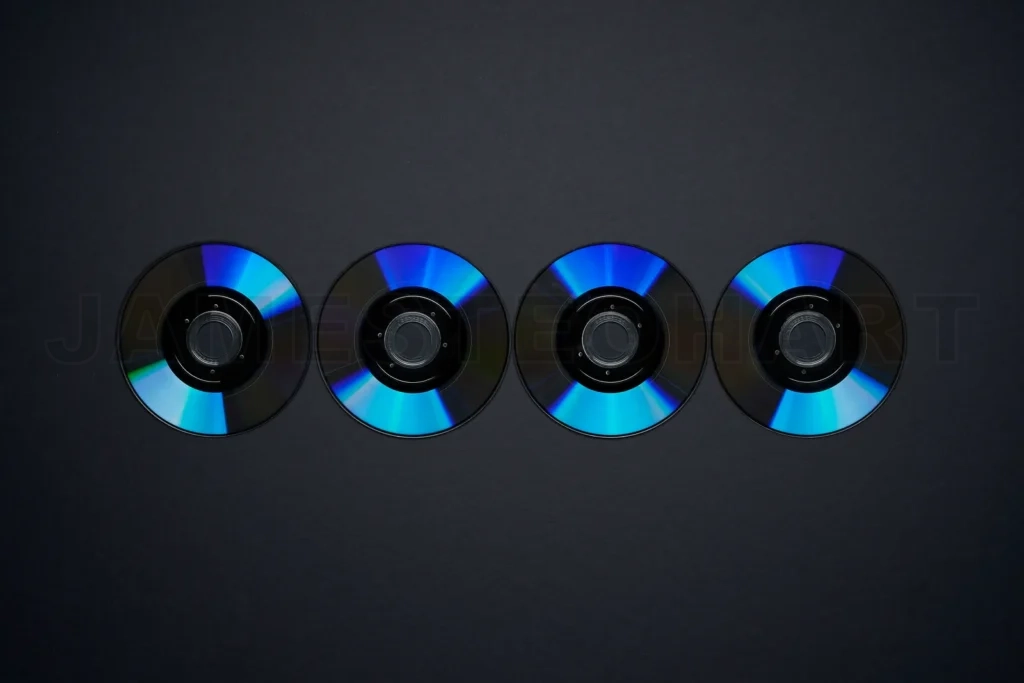 
Row of four reflective optical discs on dark background