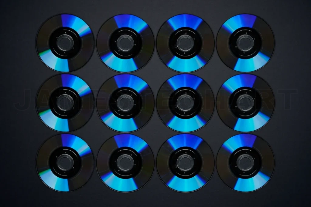 
Many blue optical discs holding digital data