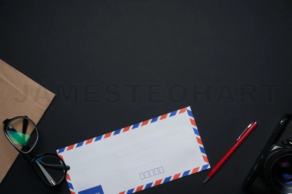 
Airmail envelope with workspace items on black background