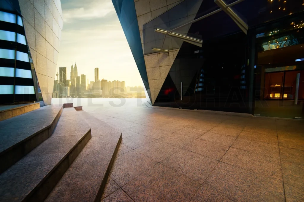 
Empty Marble Stair And Floor Front Of Modern Polygon Design Buildings