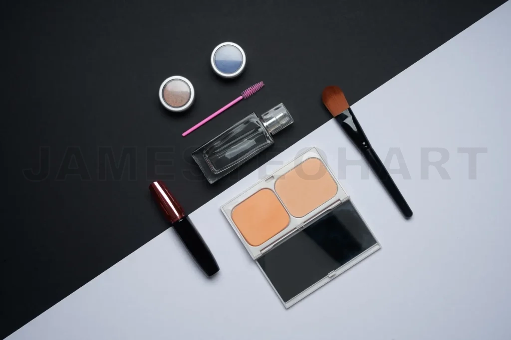 
Essential beauty products for makeup routine flat lay