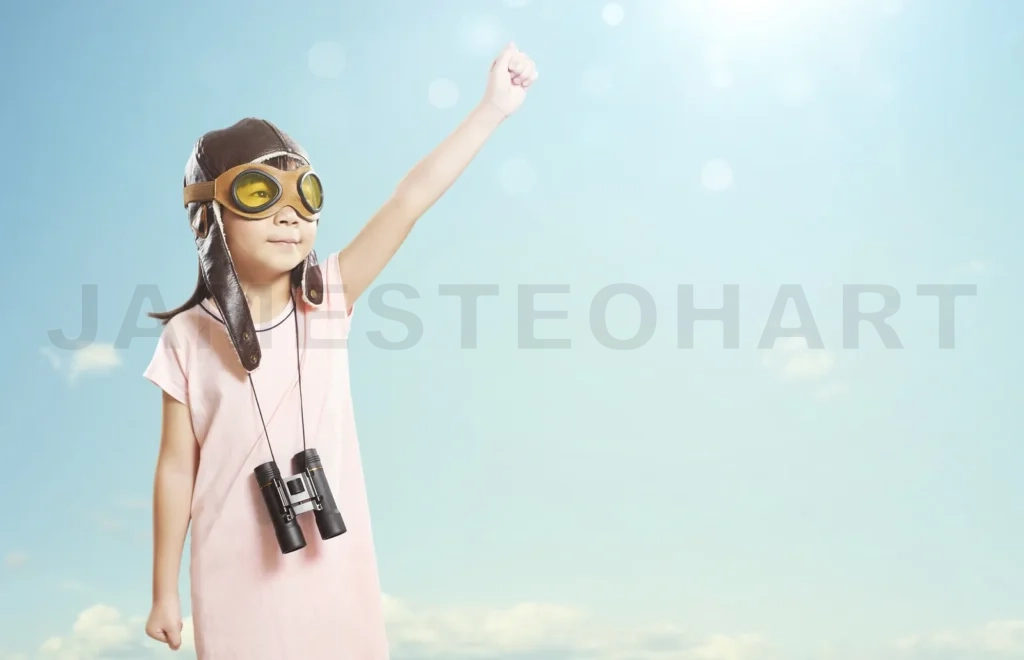
Little Asian Girl Wear Aviator Glasses，Telescope And Enjoy Her Travel And Adventure Dreams , Summer Sky Background