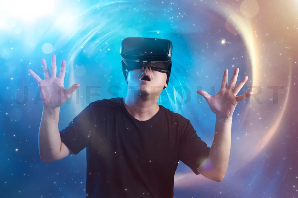 
The Young Man Wearing Virtual Reality Goggles With Amazing Cosmic Futuristic Space Virtual Imaging Background