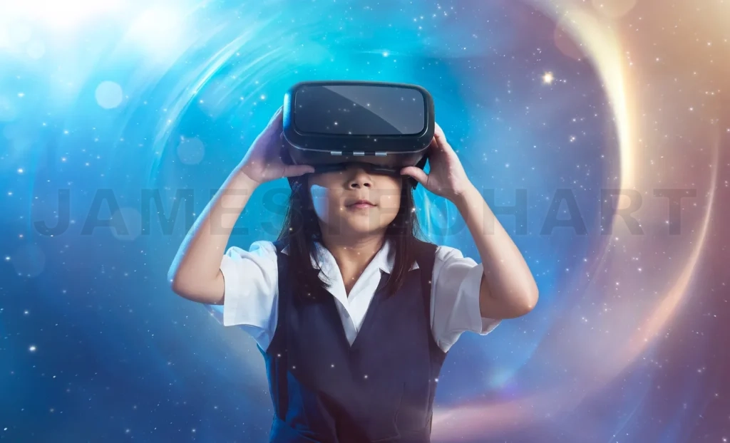 
Little Asian Cute Girl Wearing Virtual Reality Goggles With Amazing Cosmic Futuristic Space Virtual Imaging Background
