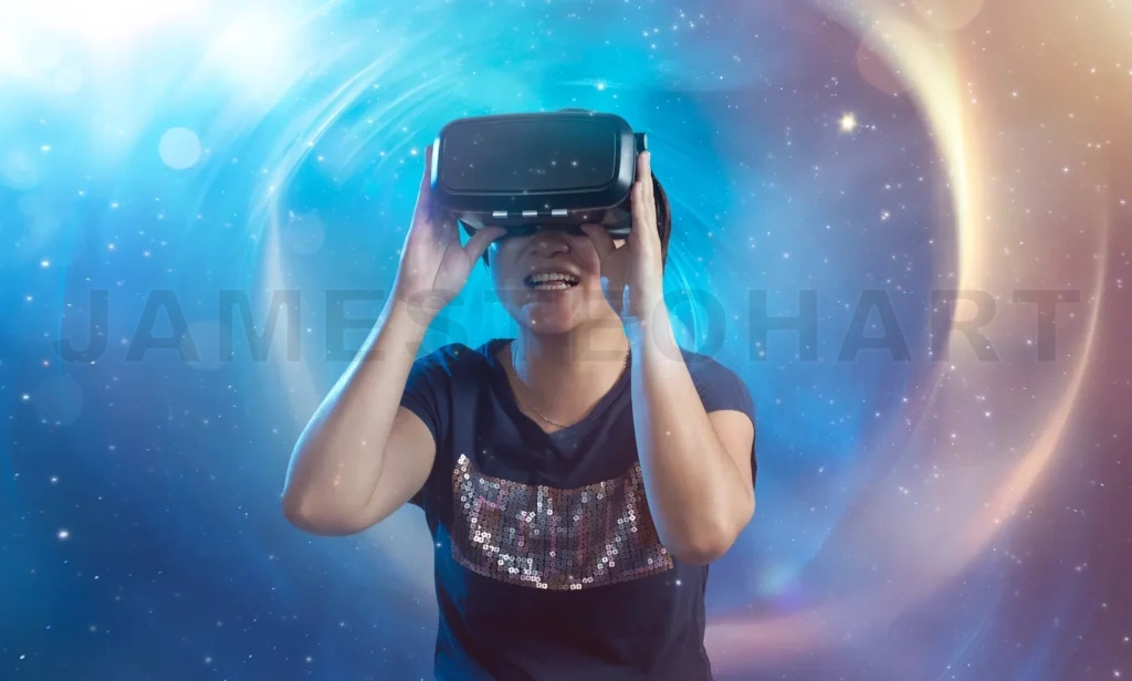 
The Women Wearing Virtual Reality Goggles With Amazing Cosmic Futuristic Space Virtual Imaging Background