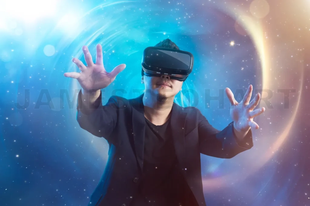 
The Young Man Wearing Virtual Reality Goggles With Amazing Cosmic Futuristic Space Virtual Imaging Background