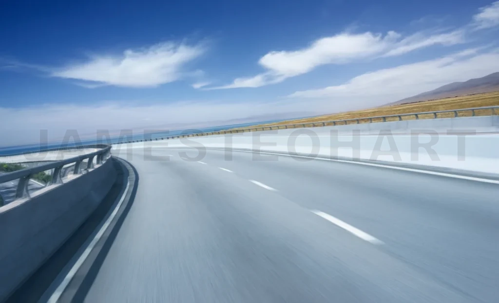 
Highway Overpass Motion Blur With Mountain Lake Background