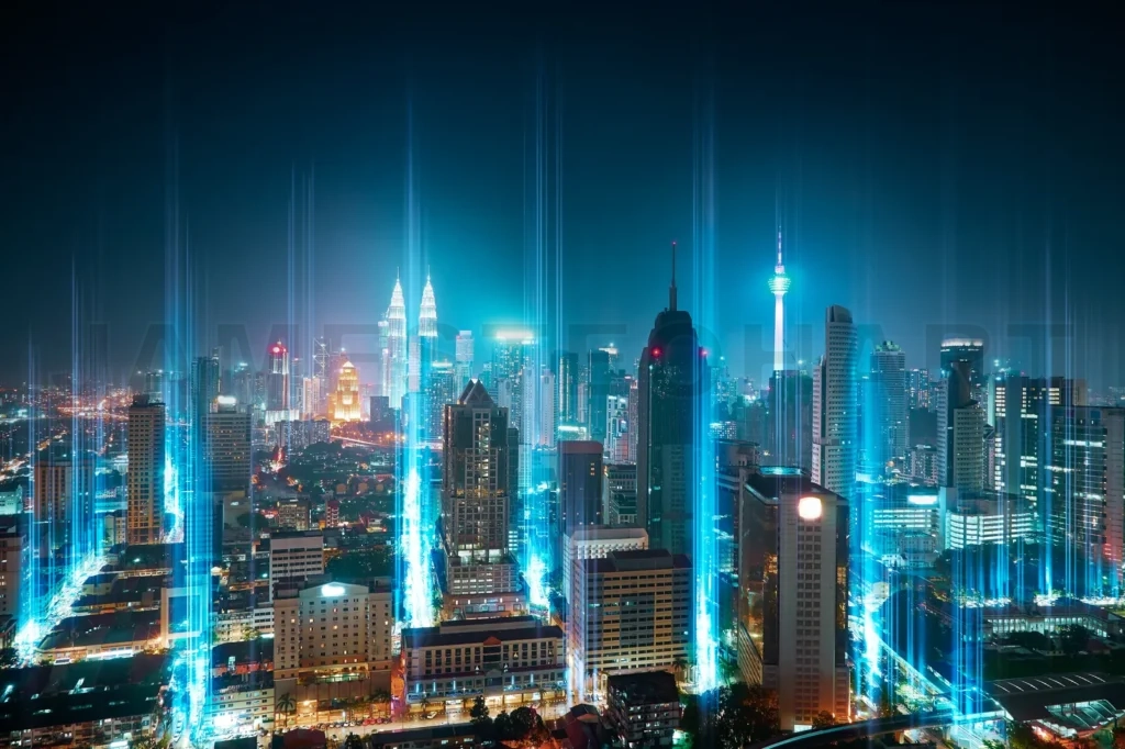 
The Network Light Came Out From The Ground ,Modern City With Wireless Network Connection Concept , Abstract Communication Technology Image Visual