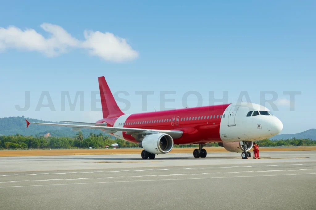 
Red airplane preparing for departure on airport tarmac