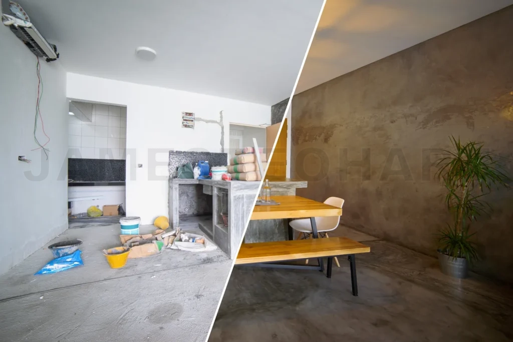 
Modern apartment undergoing renovation before and after, showing transformation progress