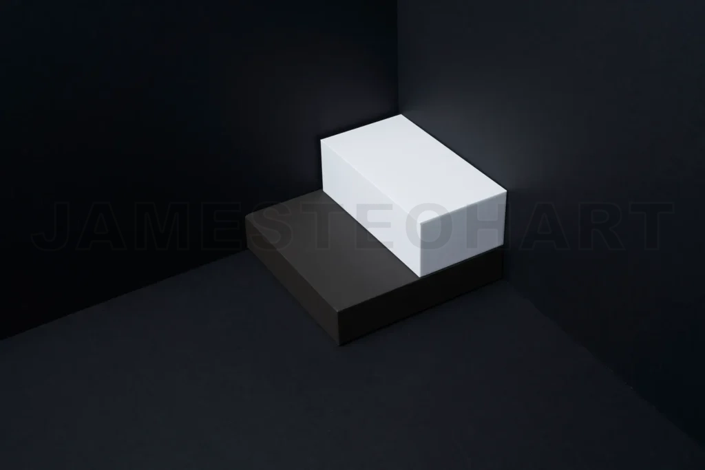 
White rectangular box on black podium display