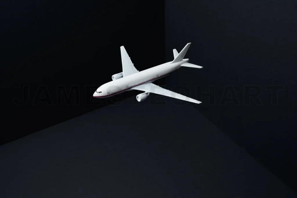 
Toy airplane flying in dark black void concept