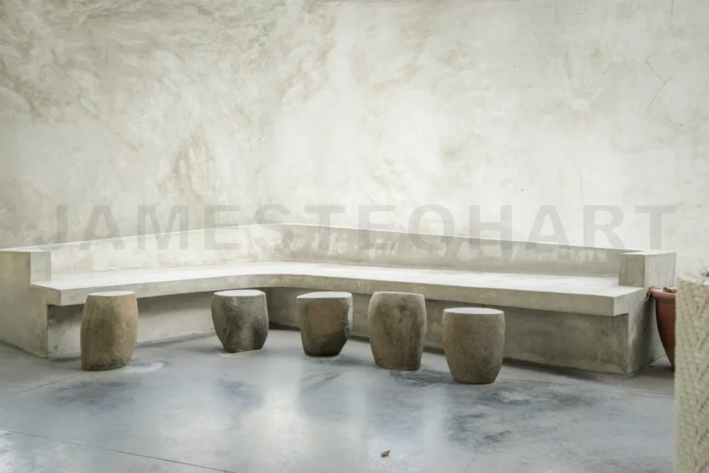 
Modern minimalist interior design featuring concrete bench and s