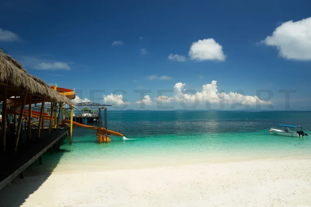 
Beautiful Tropical Beach  With Waterslide Playground On Jetty