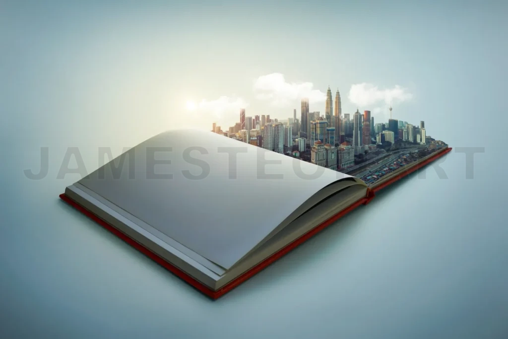 
Early Morning Beautiful Scene Of Modern City Skyline Pop Up In The Open Book Pages