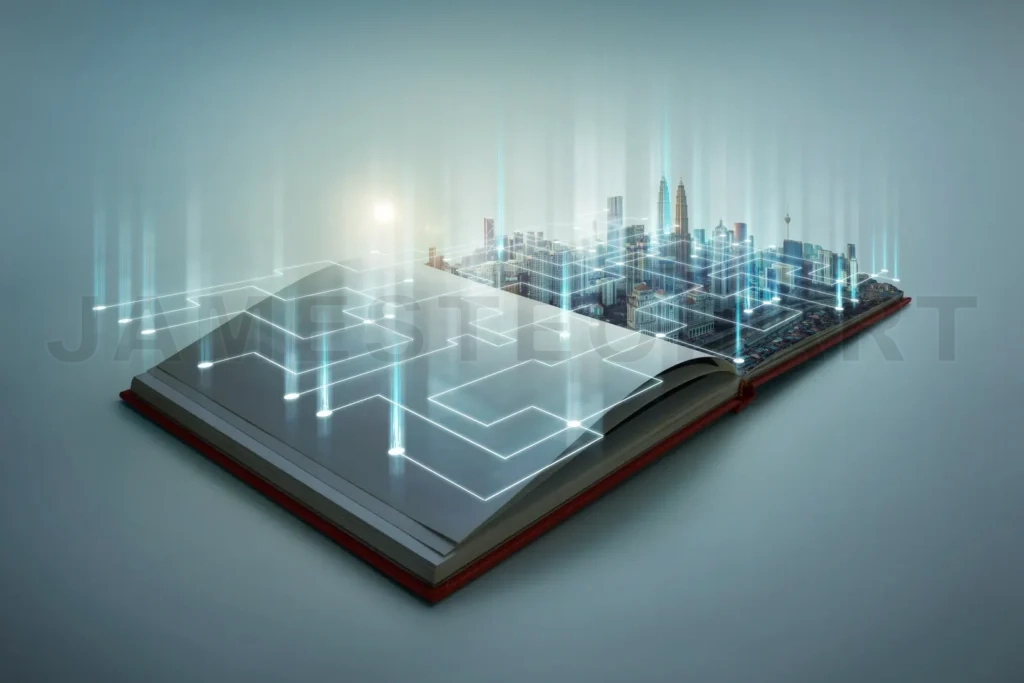 
Beautiful Scene Of Modern City Skyline Pop Up In The Open Book Pages With Smart Working Data Wireless Connections Iot Automation System