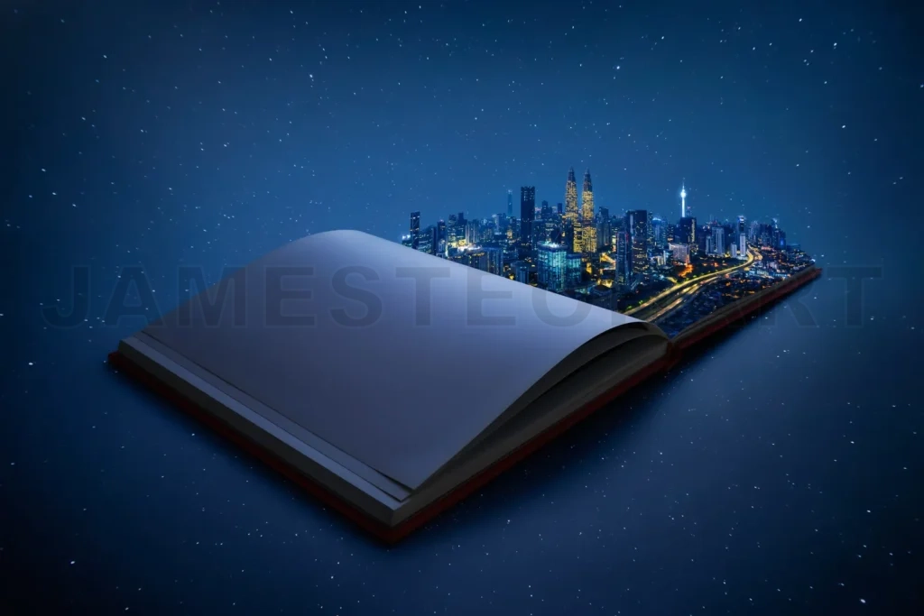 
Night Beautiful Scene Of Modern City Skyline Pop Up In The Open Book Pages