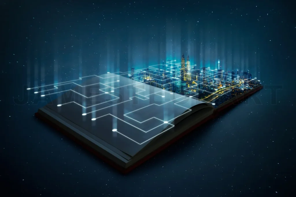 
Night Beautiful Scene Of Modern City Skyline Pop Up In The Open Book Pages With Smart Working Data Wireless Connections Iot Automation System