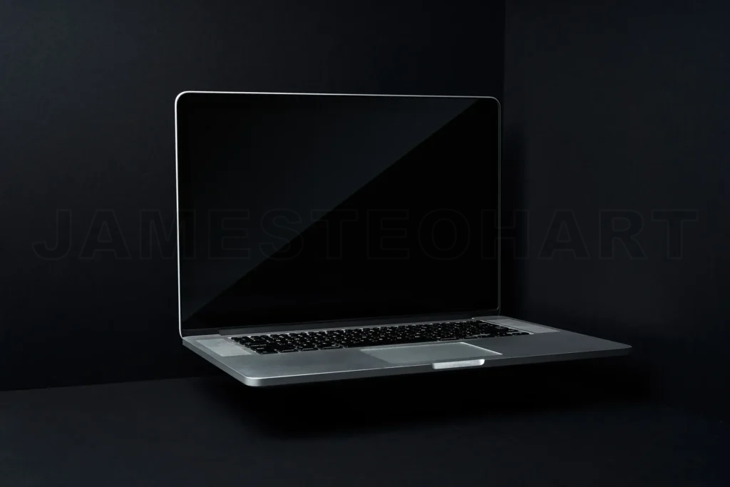 
Laptop computer floating dark background empty screen