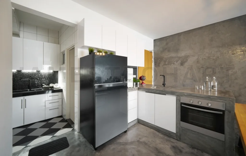 
Modern,Bright,Clean,Kitchen Interior With Concrete Island In A Loft Style House , Interior Photography