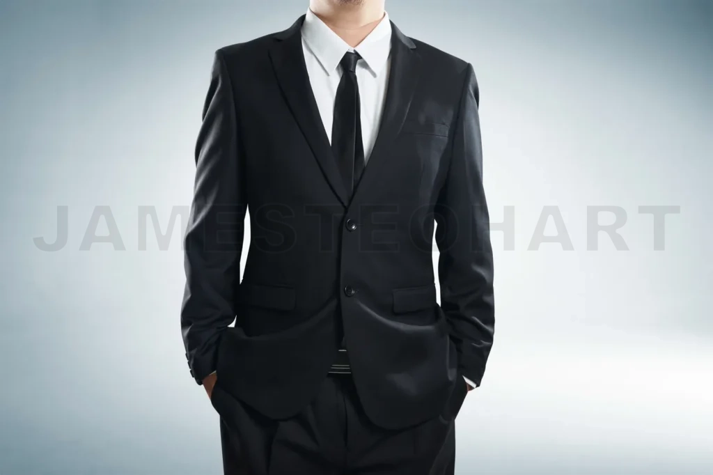 
Close Up Part Of Man Body In Black Suit With Hands In Pockets On White Background; Business Concept