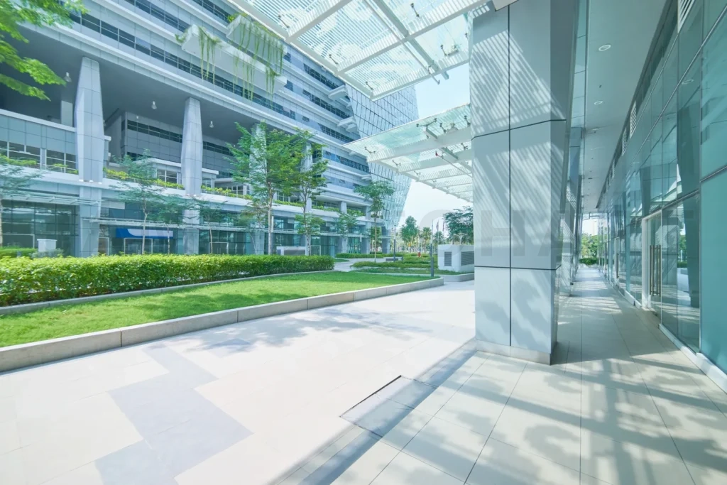 
Modern building complex with green urban landscape